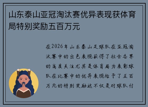 山东泰山亚冠淘汰赛优异表现获体育局特别奖励五百万元