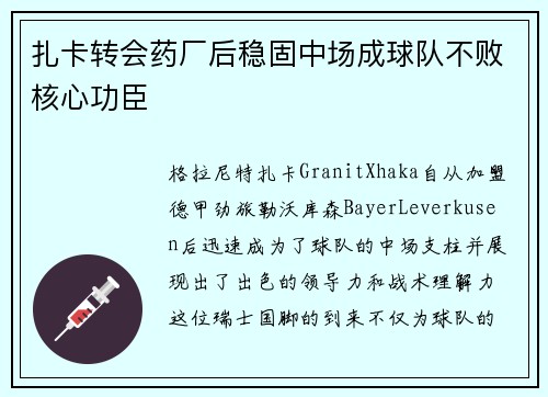 扎卡转会药厂后稳固中场成球队不败核心功臣 扎卡转会药厂后稳固中场成球队不败核心功臣